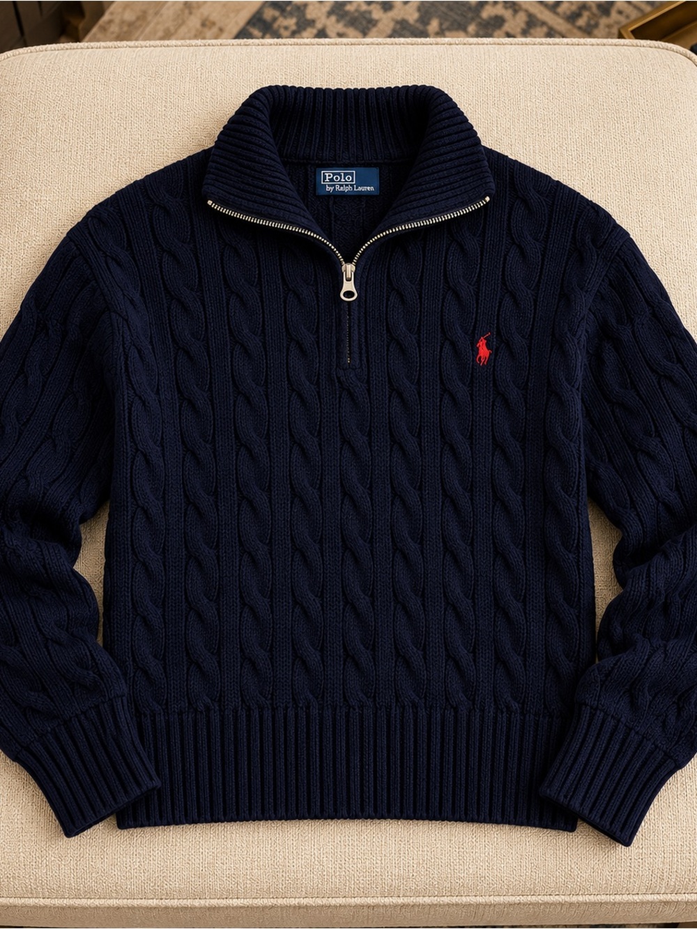 Polo Ralph Lauren Cable Knit Quarter Zip Sweater Hunter Navy L NWOT